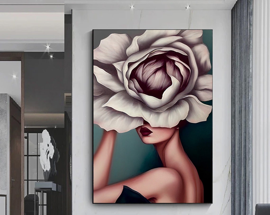 Woman With Giant White Rose Over Face Elegant Floral Art Poster