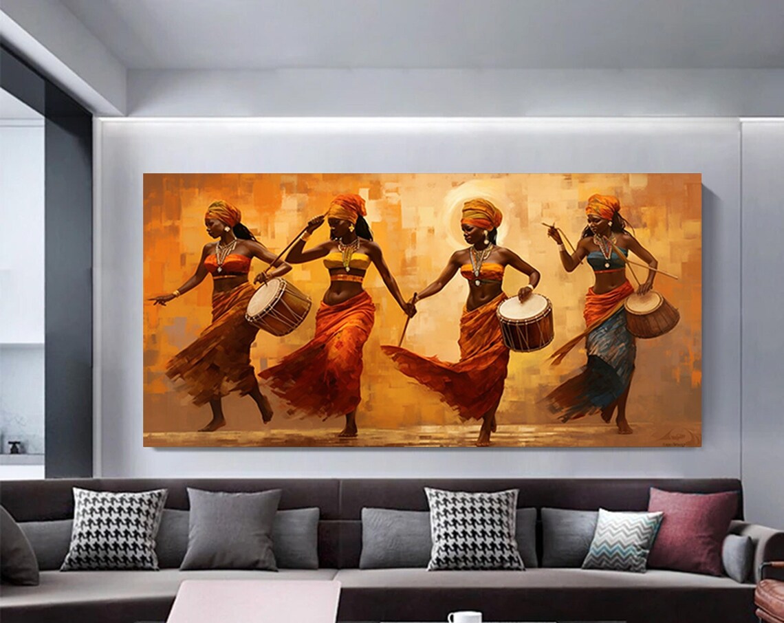 African Girls and Musicians Art Print, Music Dance