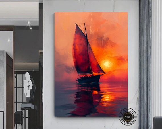 Sailboat With Red Sails at Sunset Calm Sea Oil Painting Art Poster