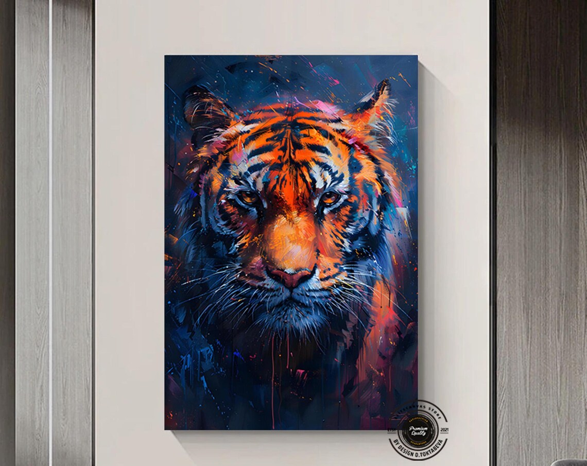 Colorful Tiger Face Neon Orange Blue Abstract Wildlife Poster
