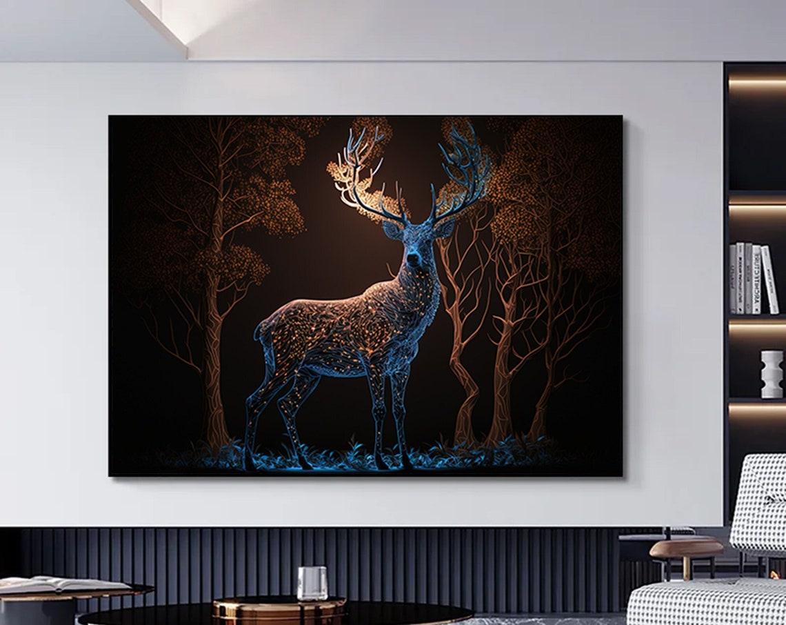Glowing Stag Light Wireframe Enchanted Night Forest Art Poster