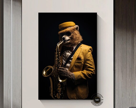 Saxophone Playing Bear Canvas Wall Decor Funny Animal Art Jazz Ready To Hang