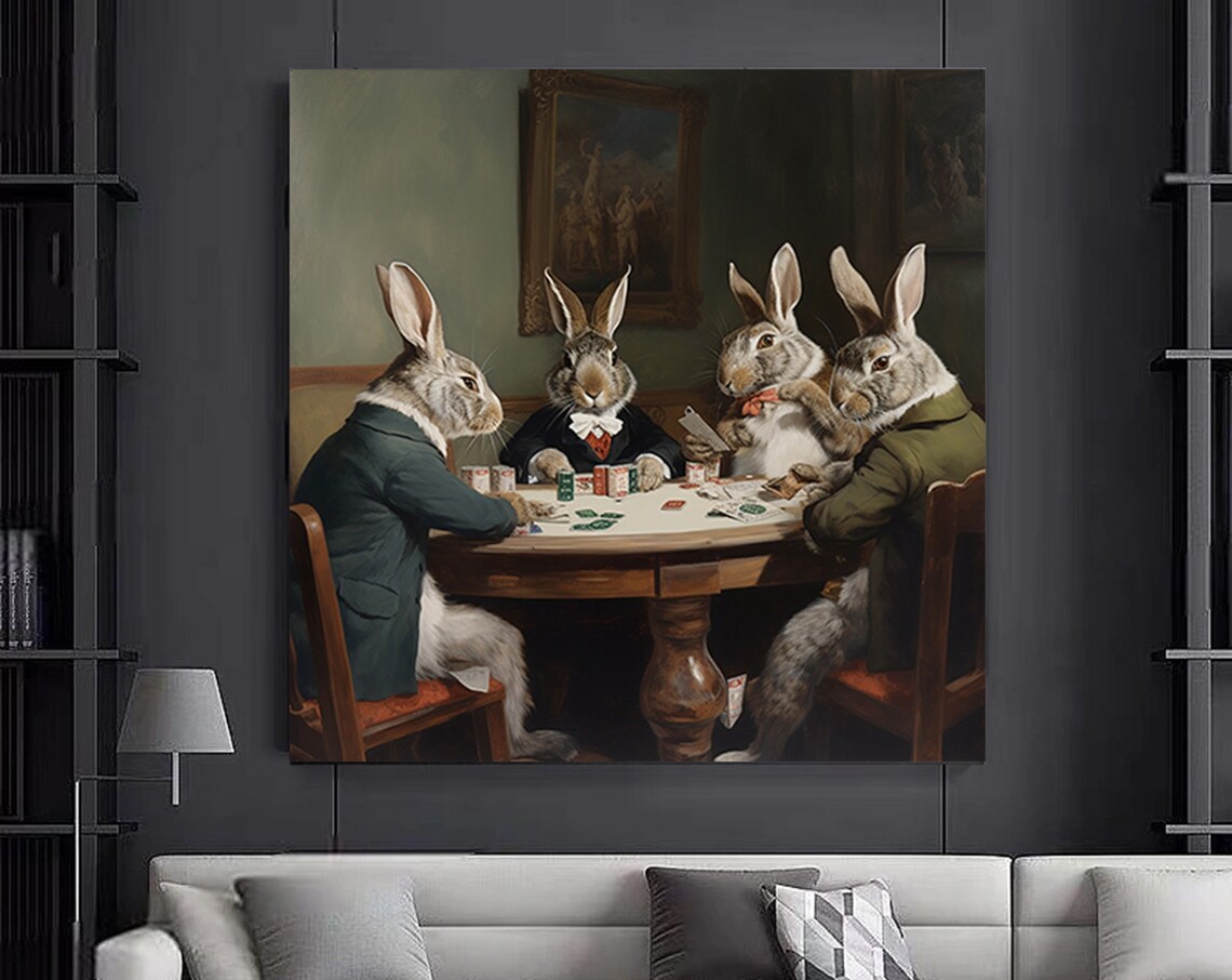 Rabbits Playing Poker Funny Vintage Style Animal Painting Poster