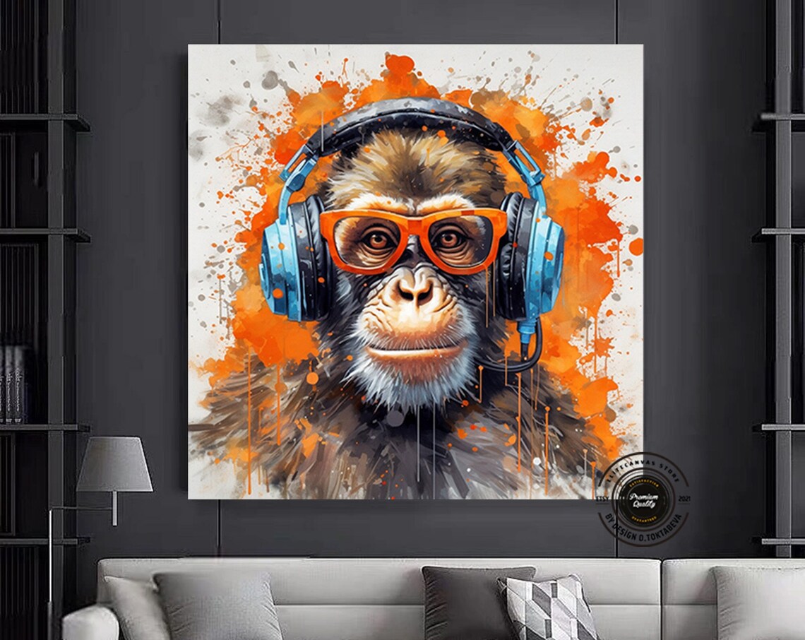 Dj Monkey Canvas Framed Pop Art Painting Culture Wall With Headphone Print Funny Over The Bed