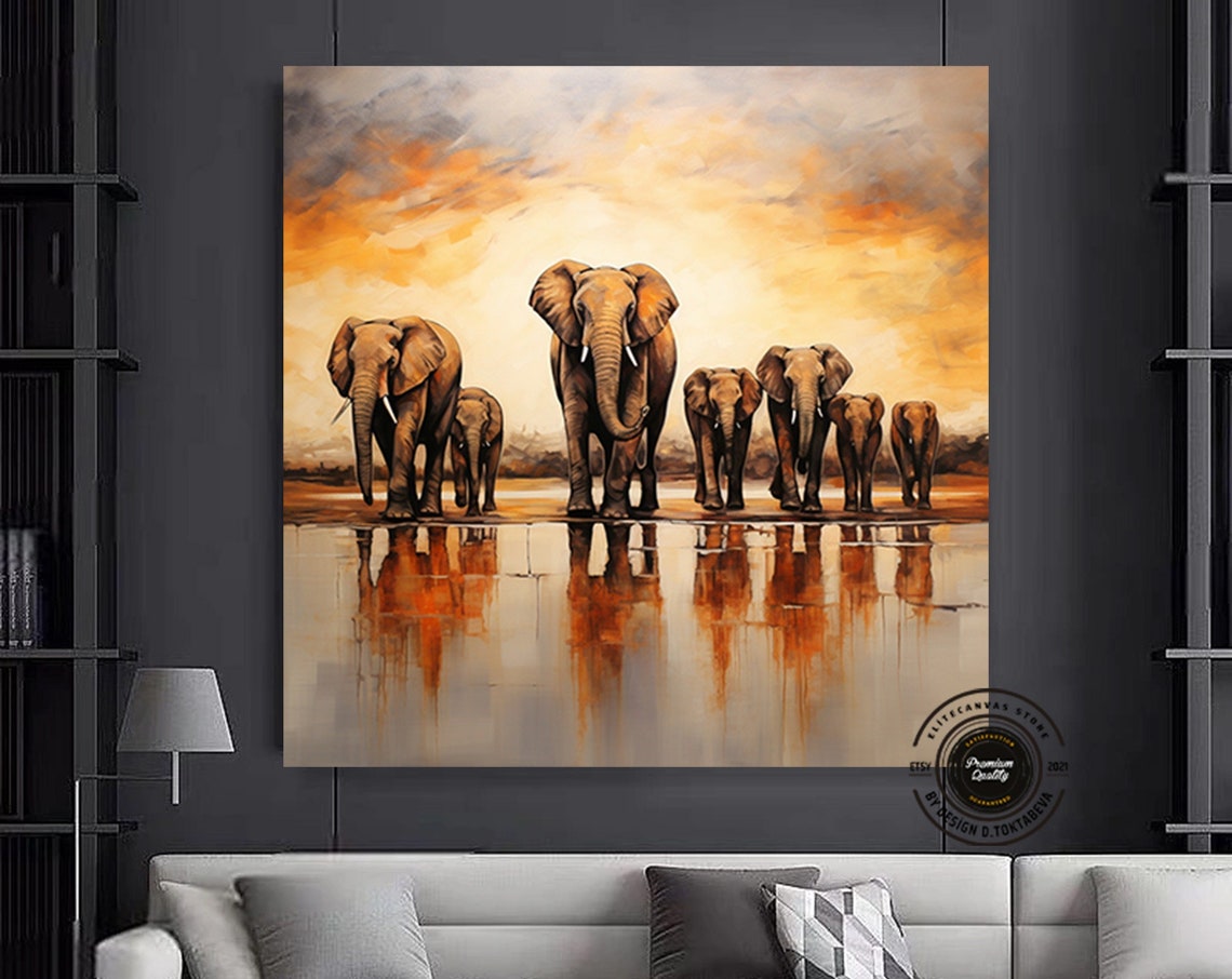 Elephant Family Canvas Art African Wall Abstract Painting Extra Largeelephant Decor Living Room