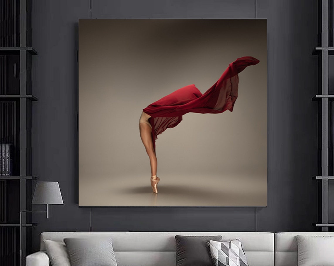 Ballet Dancer Flowing Red Fabric En Pointe Graceful Dance Art Poster