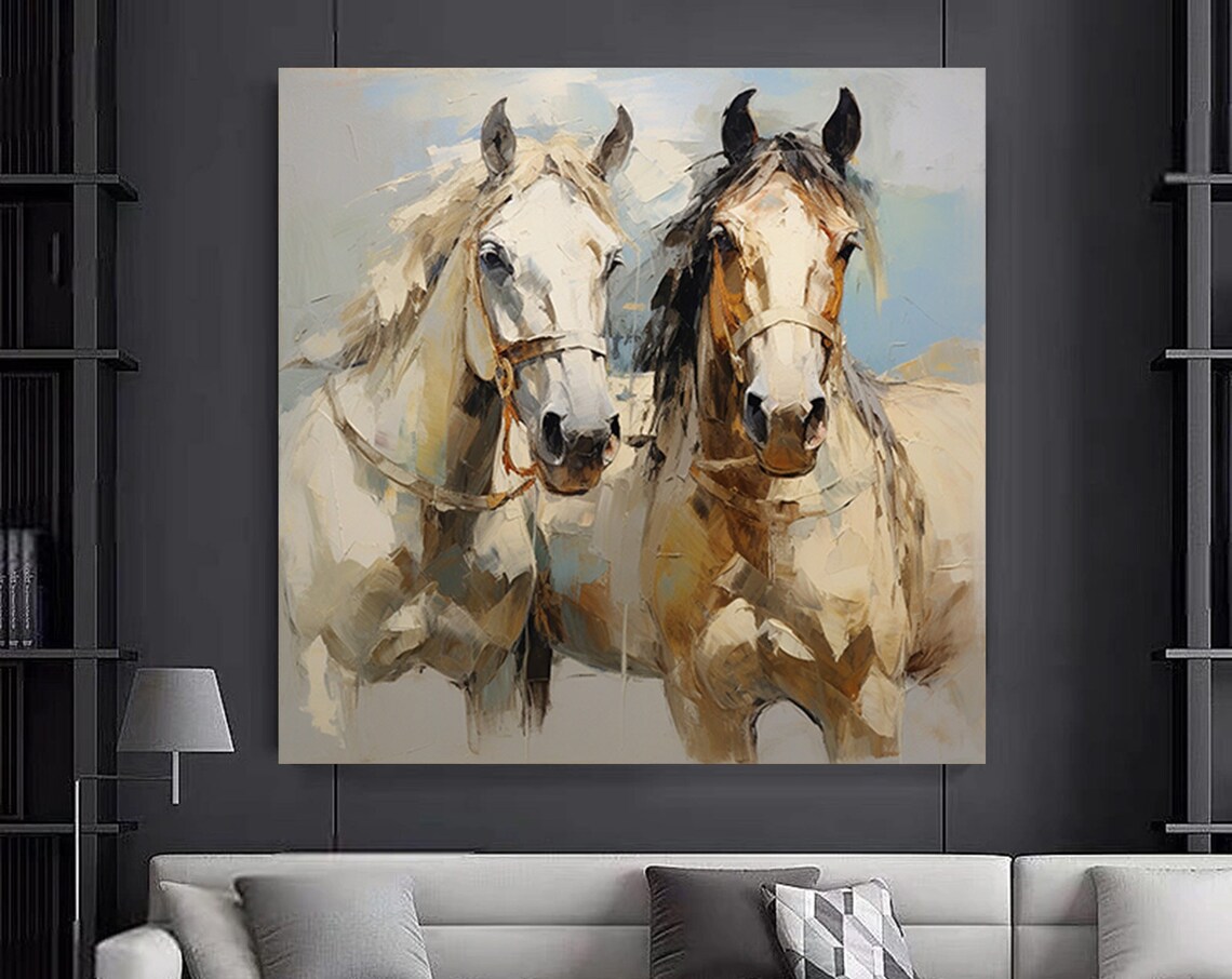 Pair of Horses Oil Painting Impasto Equestrian Portrait Poster