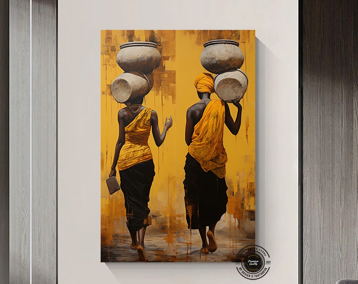 Two African Women Carrying Clay Pots Golden Yellow Art Poster