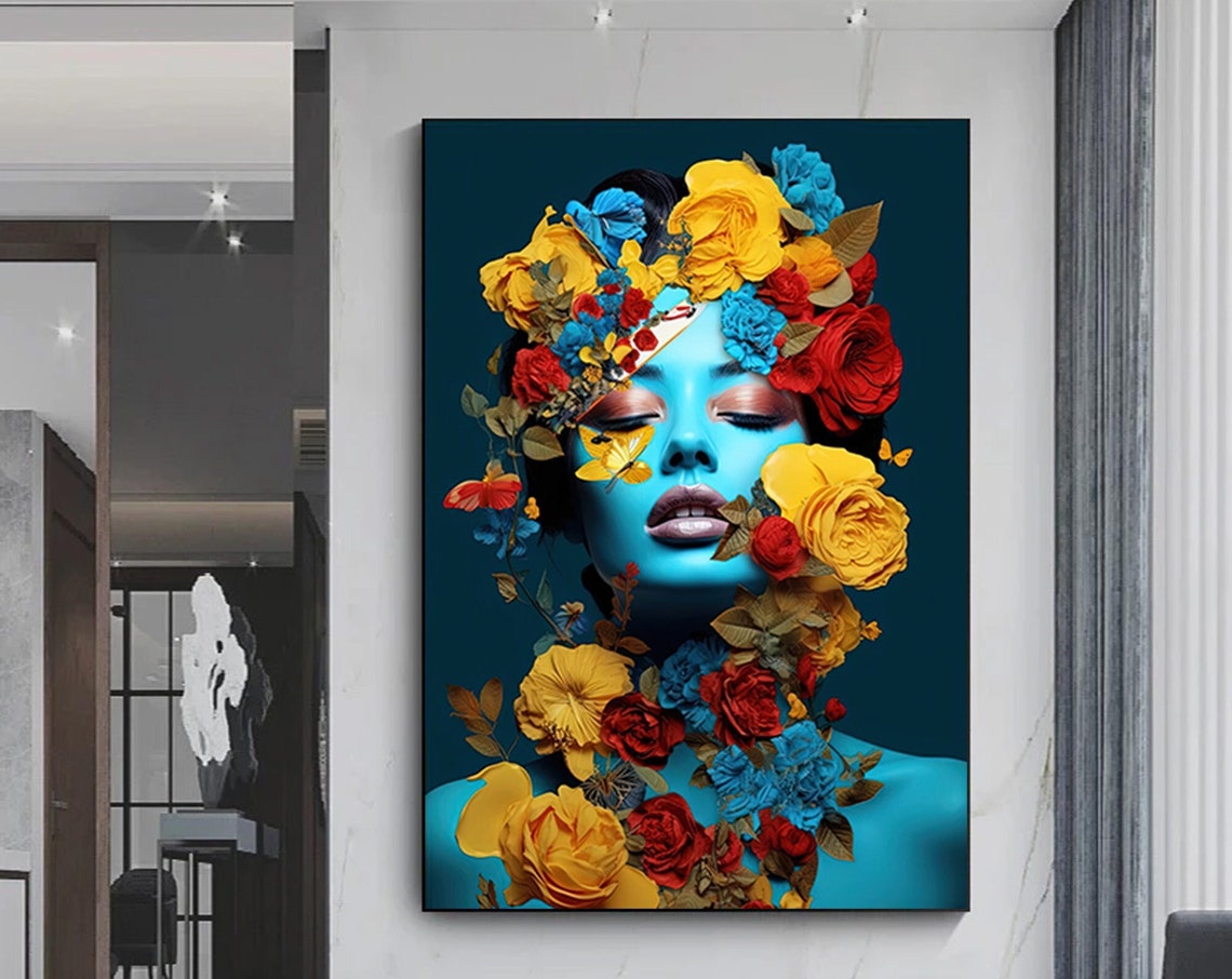Blue Woman Flower Crown Surreal Vibrant Botanical Portrait Poster