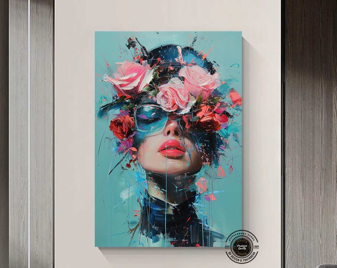 Woman With Sunglasses and Pink Roses Teal Modern Pop Art Poster