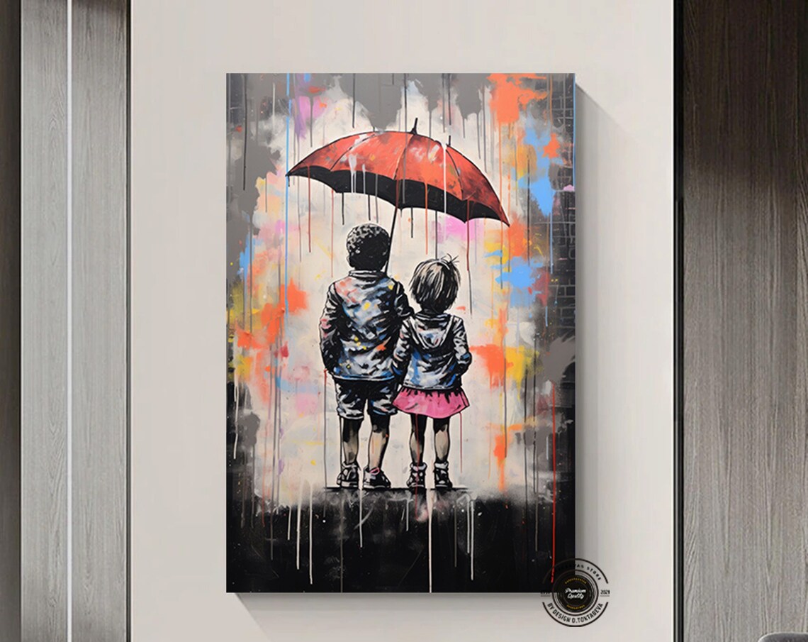 Two Children Red Umbrella Rainy Day Graffiti Street Art Poster