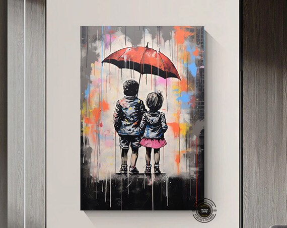 Two Children Red Umbrella Rainy Day Graffiti Street Art Poster