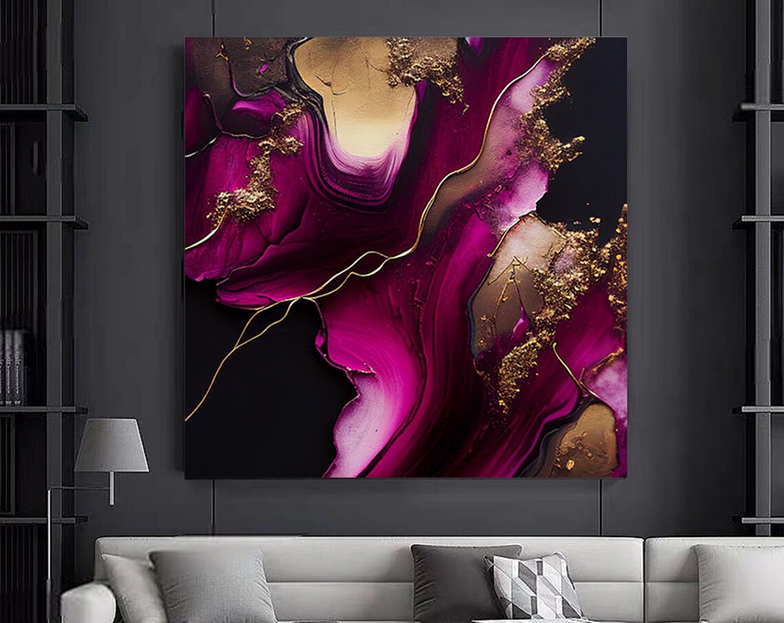 Magenta Gold Alcohol Ink Abstract Black Marble Flow Decor Poster