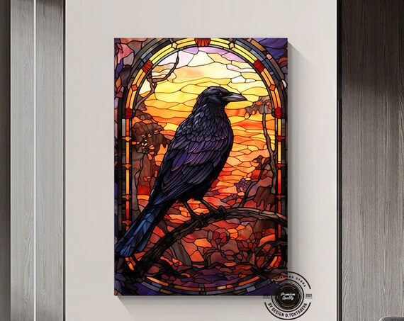 Black Raven Perched in a Stained Glass Arch Sunset Art Poster