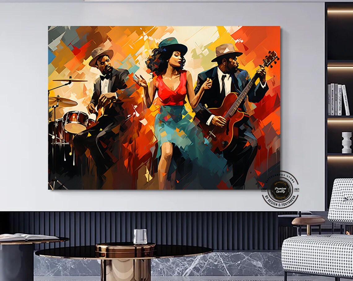Jazz Band Singer Guitarist Drummer Colorful Music Art Poster