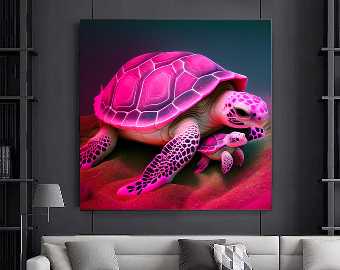 Neon Pink Sea Turtle With Baby On Red Beach Ocean Animal Poster