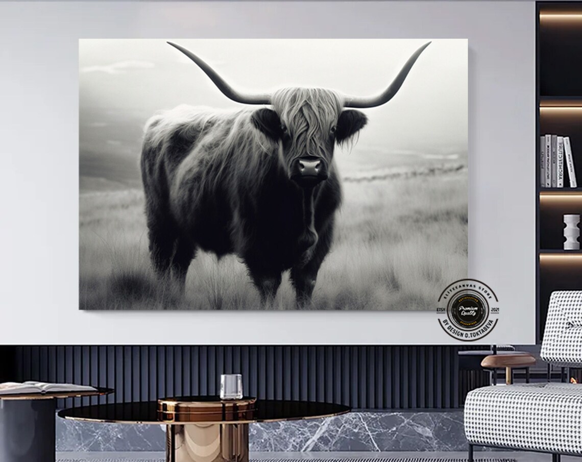 Highland Cow Black and White Longhorn Shaggy Farm Animal Poster