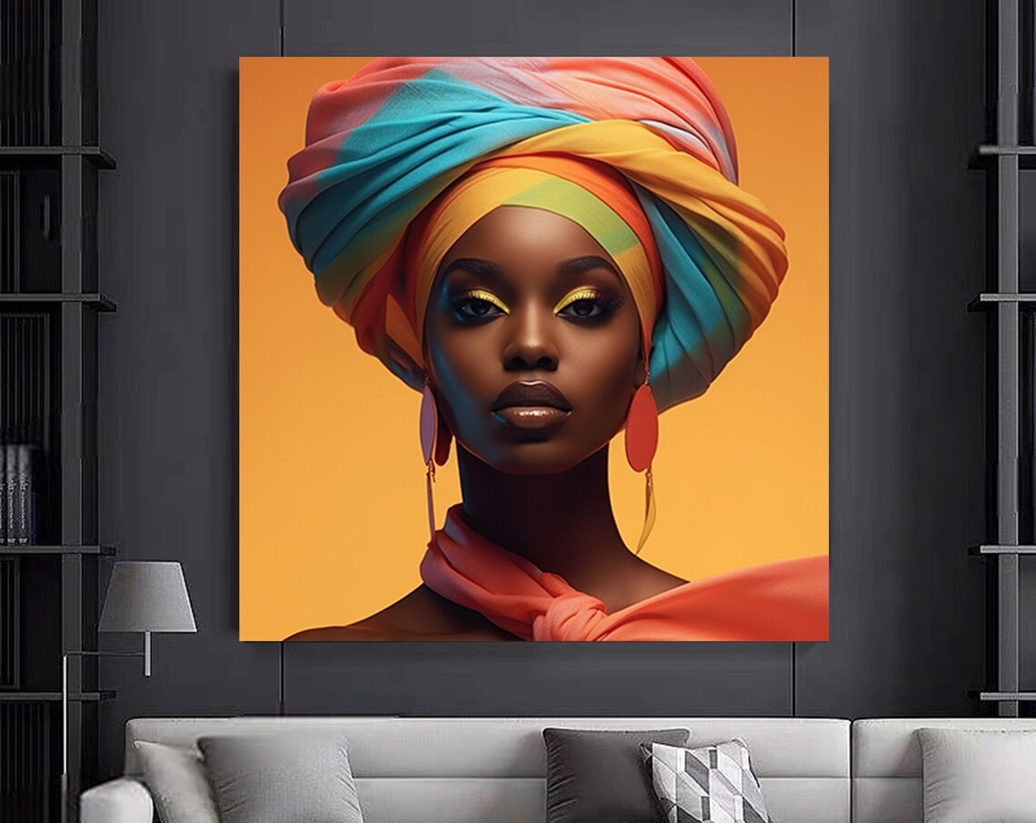 African Woman Rainbow Headwrap Bold Orange Portrait Canvas Poster