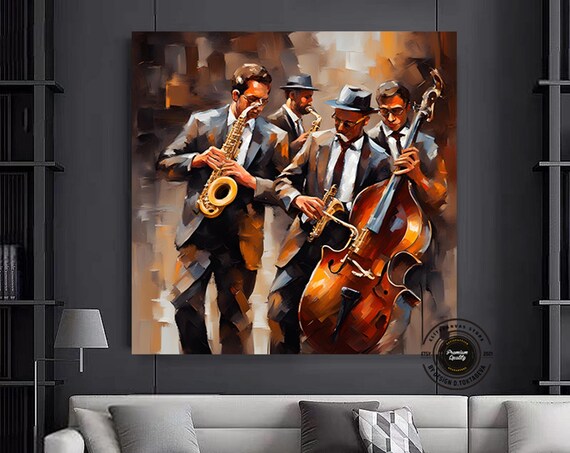 Jazz Quartet Saxophone Double Bass Painting in Warm Bronze Tones Poster