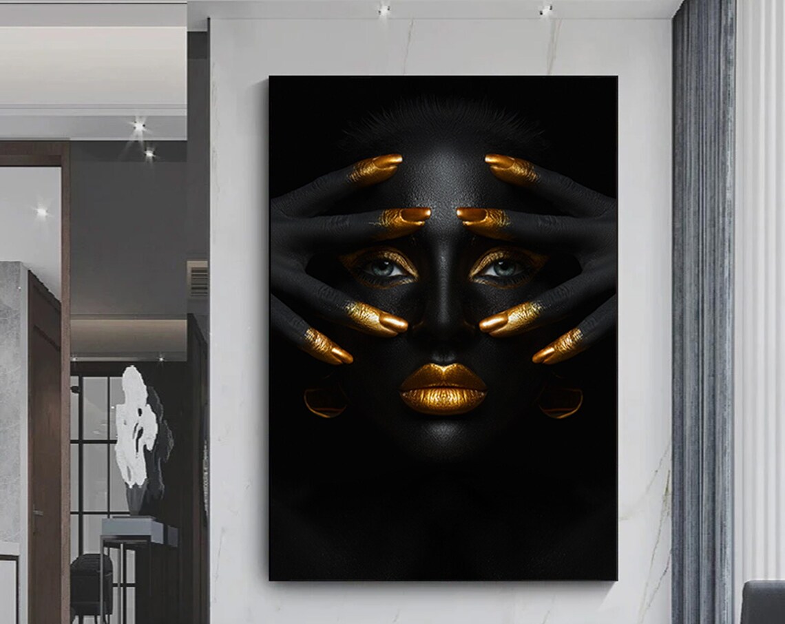 Black Gold Woman Portrait Golden Hands Face Luxury Glam Art Print
