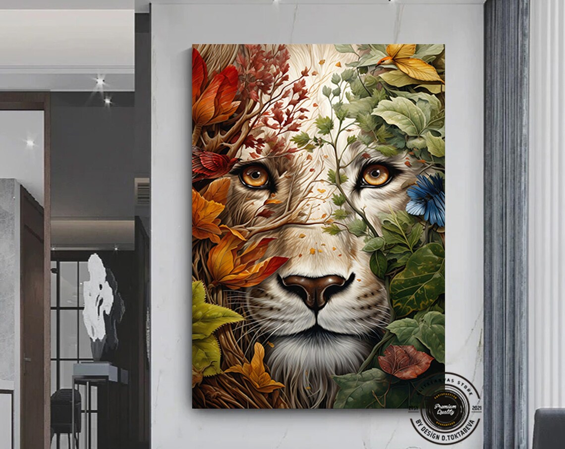 Lion Face Hidden Autumn Leaves Botanical Wildlife Portrait Poster