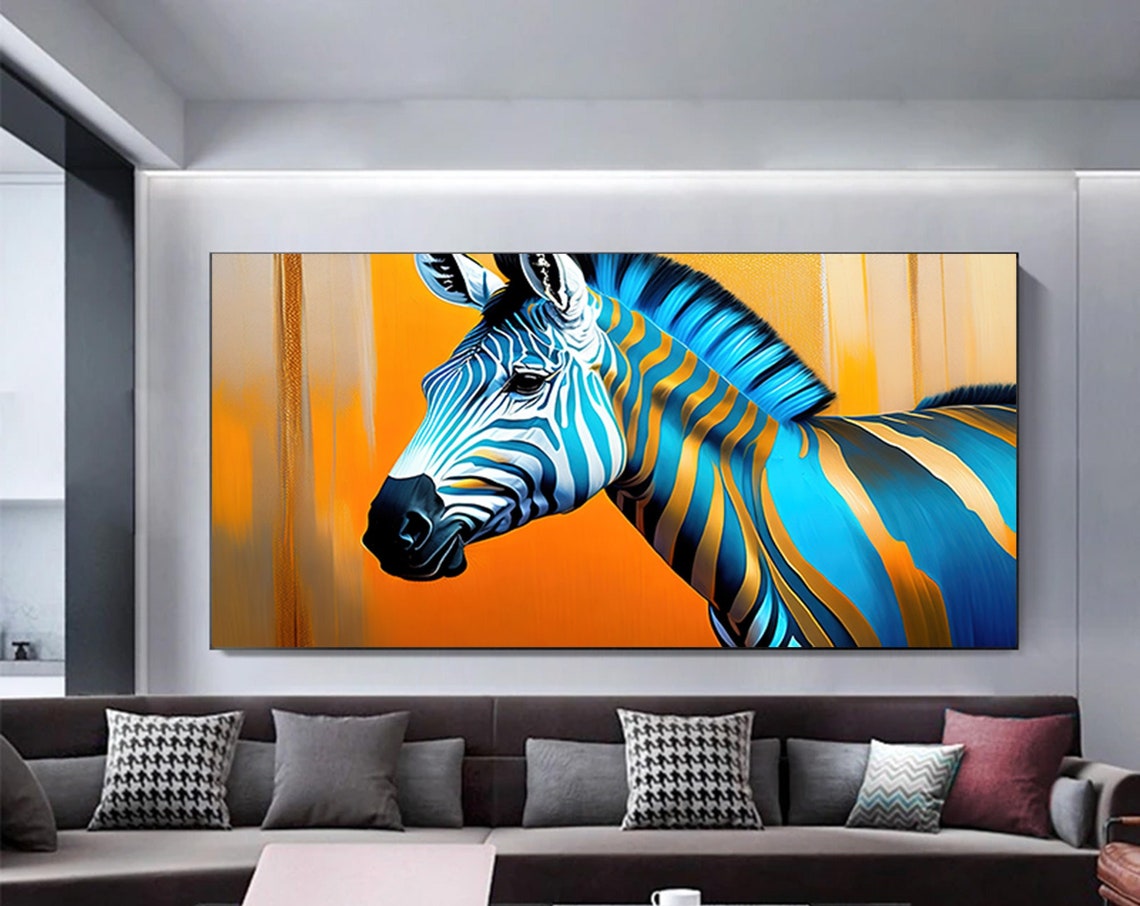 Blue and Gold Zebra Portrait Orange Background Panoramic Poster