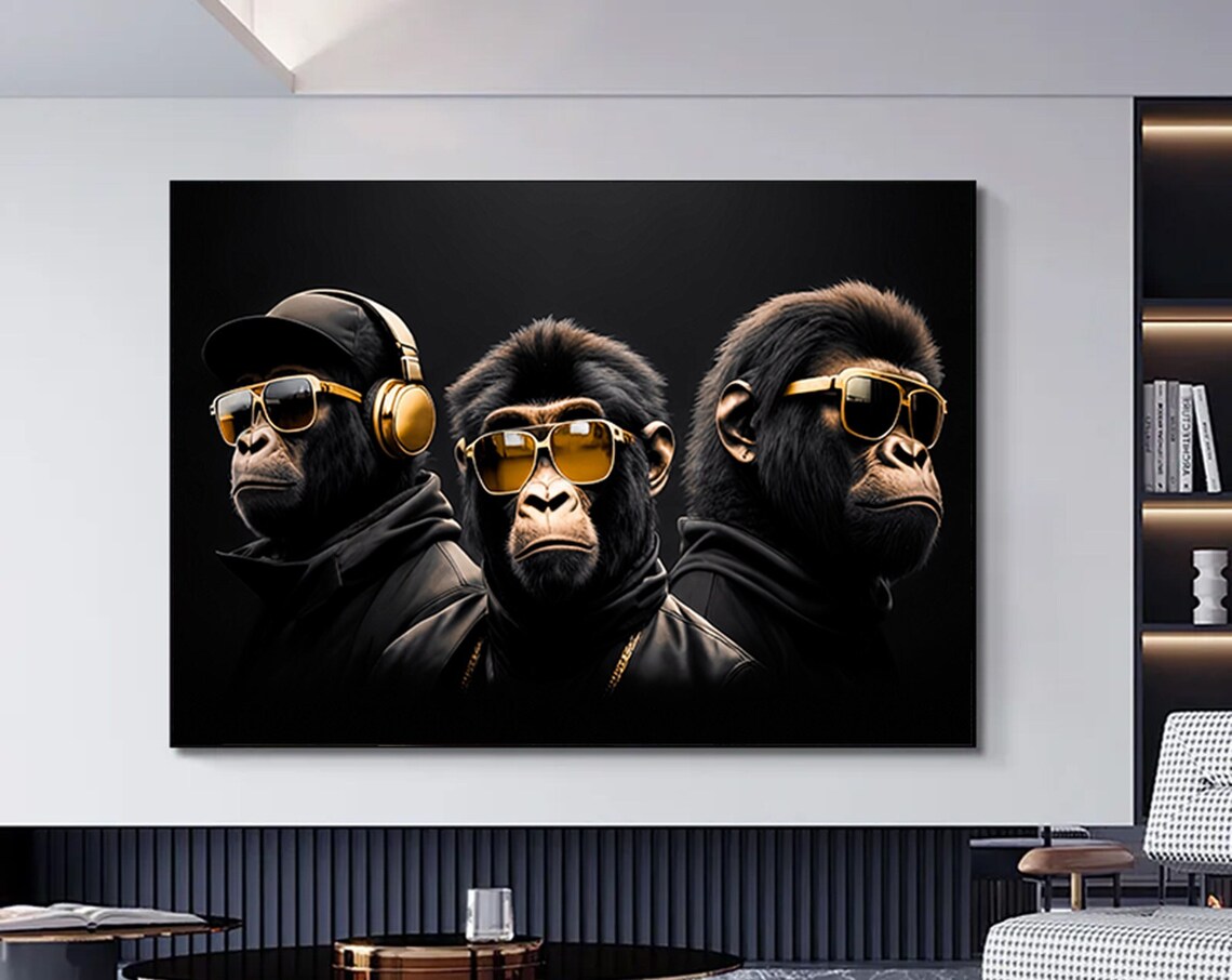 Three Cool Chimpanzees Gold Sunglasses Headphones Hip Hop Poster