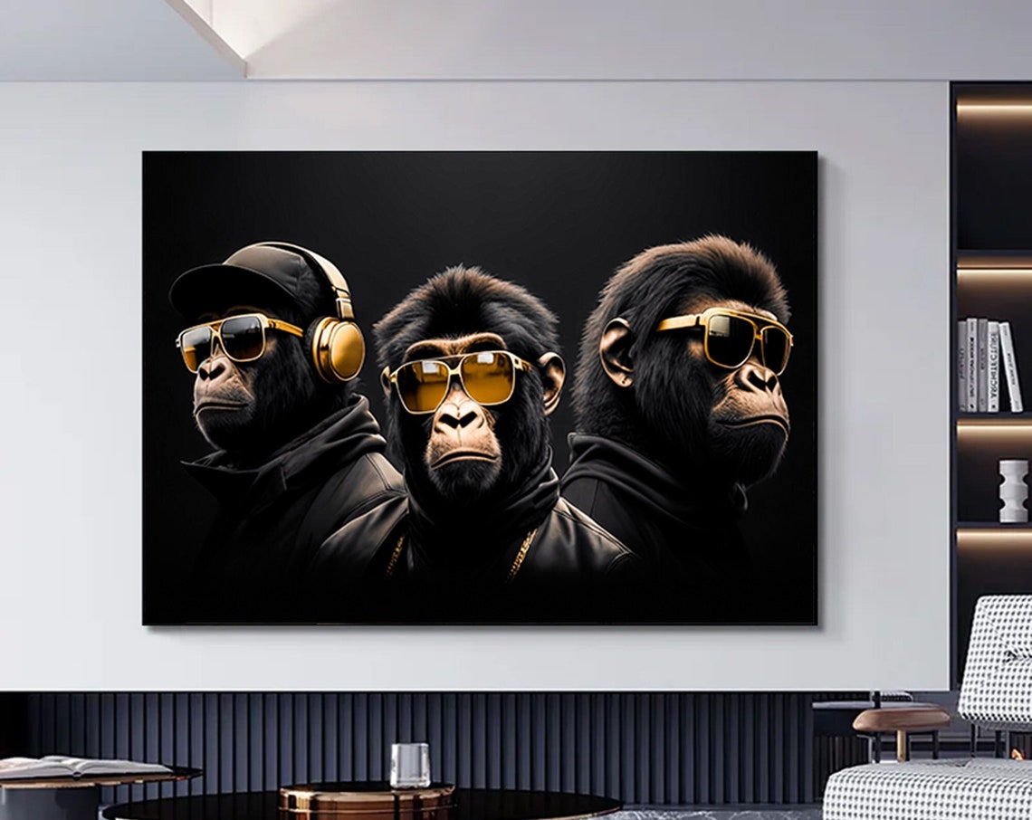 Three Wise Monkey Canvas Abstract Wall Art Modern Decor Living Room Decors Drawings