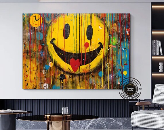 Smiley Face With Dripping Rainbow Paint Street Art Poster for Modern Home Decor