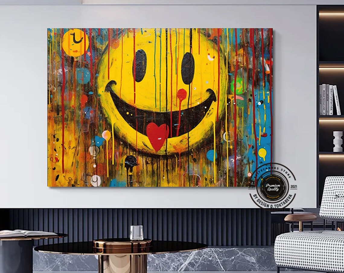 Smiley Face With Dripping Rainbow Paint Street Art Poster for Modern Home Decor