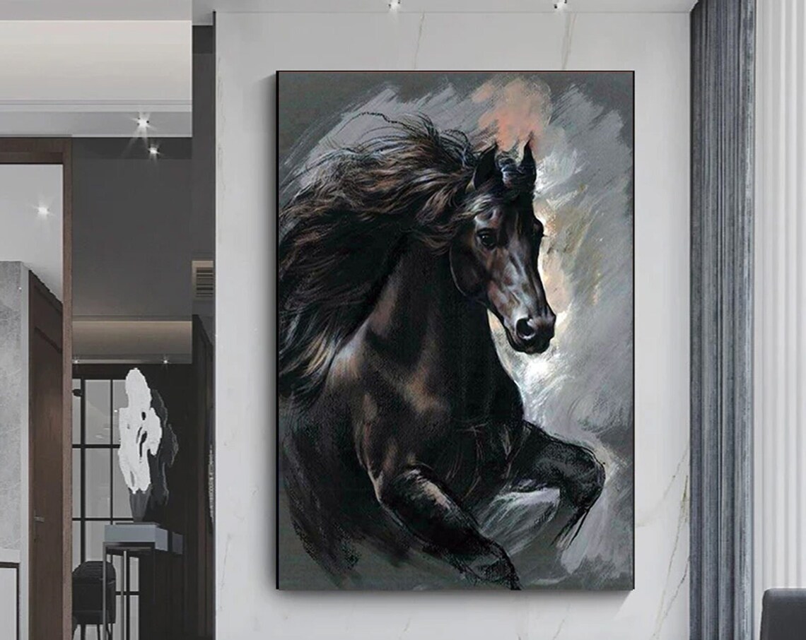 Black Horse Painting Galloping Dark Mane Wild Horse Wall Art