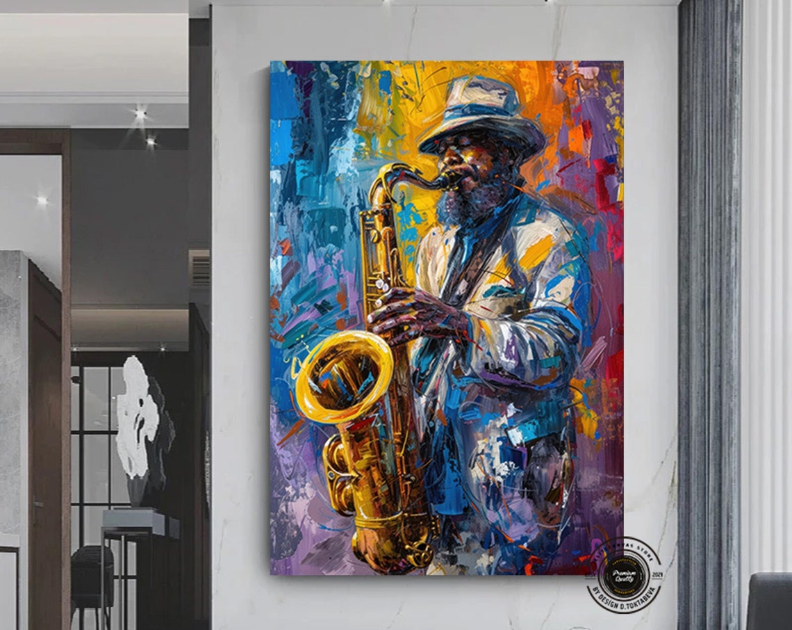 Bearded Saxophonist Bold Blue and Gold Impasto Jazz Art Poster