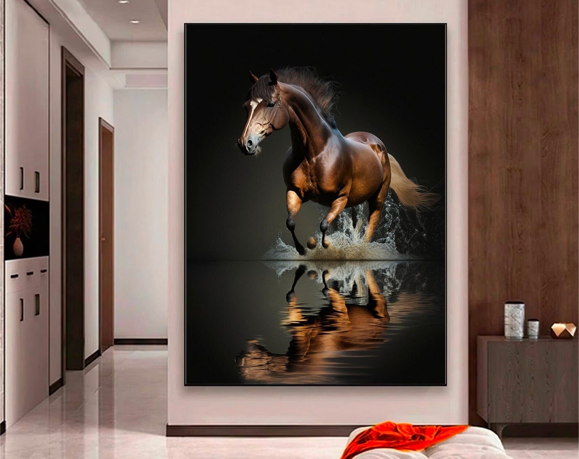 Brown Horse Galloping Water Splash Dramatic Equine Art Poster