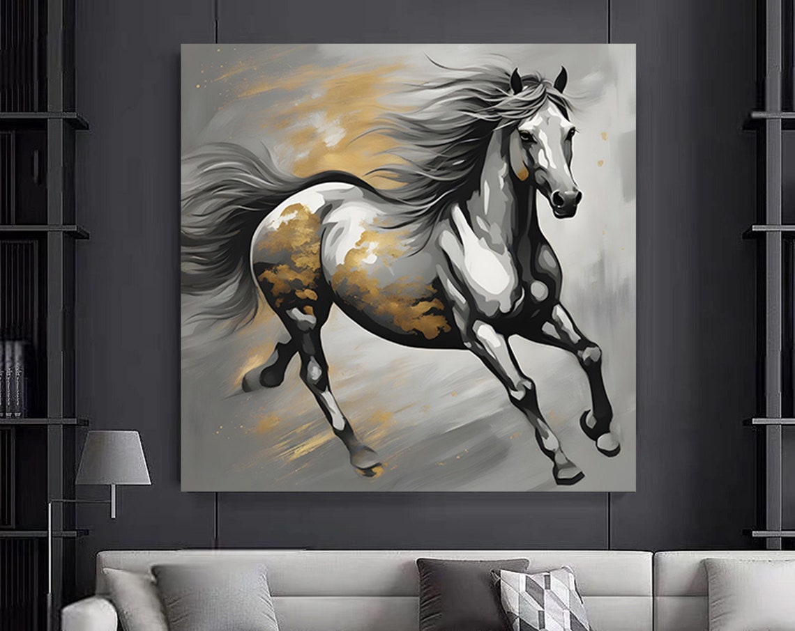 Galloping Gray Horse Gold Accents Elegant Equine Canvas Art Poster