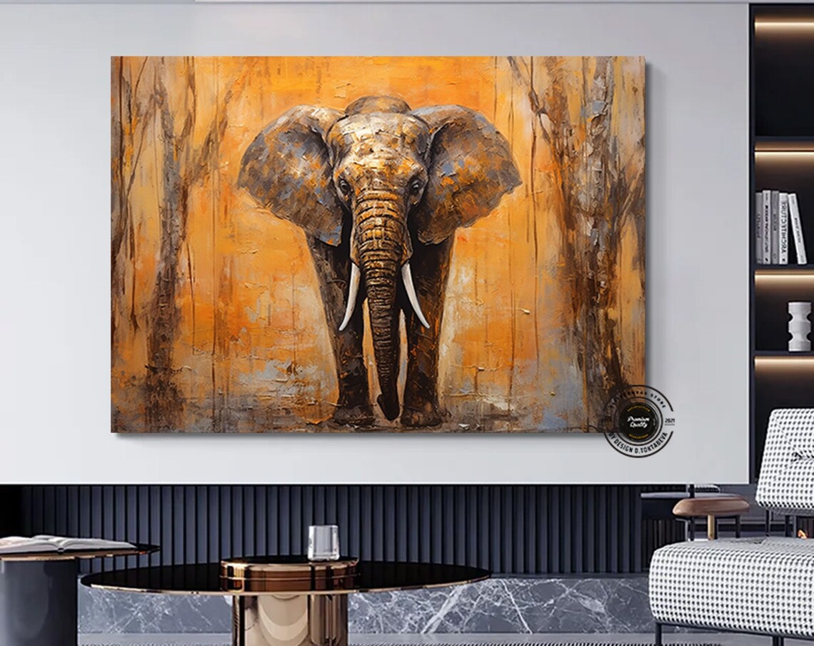 Majestic Elephant Portrait Orange Savanna Oil Painting Poster