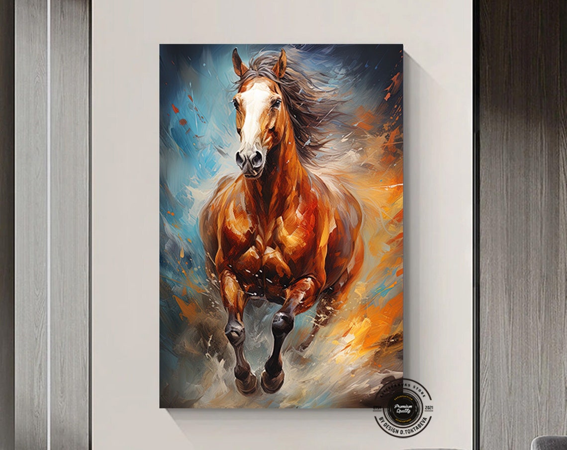 Chestnut Horse Galloping in Wind Dynamic Oil Painting Poster