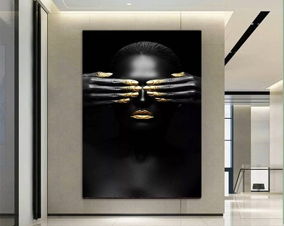 African Woman Closing Her Eyes Canvas Wall Art Painting Gold Print Modern Home Decor