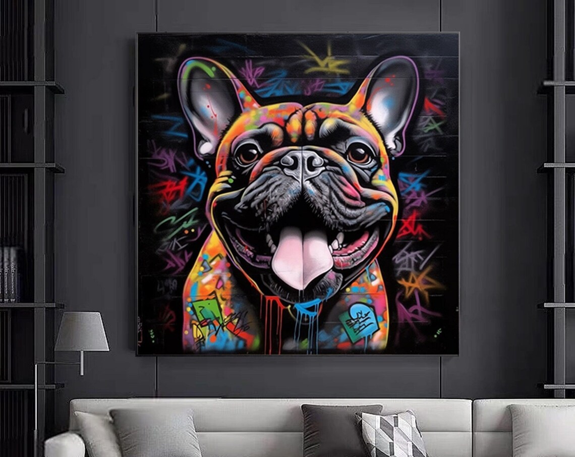 Happy French Bulldog Graffiti Pop Art Colorful Smiling Dog Poster