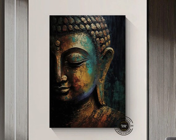 Dark Buddha Face Textured Gold Teal Meditative Zen Art Poster