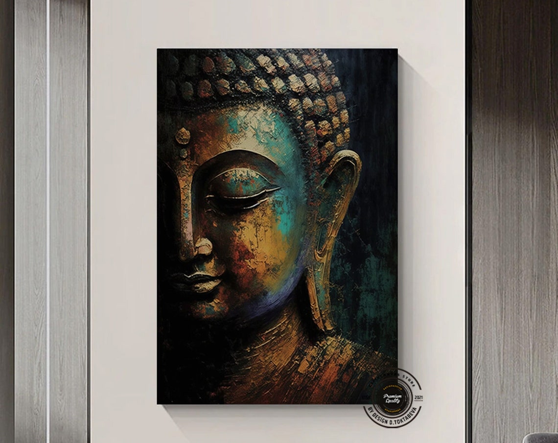Dark Buddha Face Textured Gold Teal Meditative Zen Art Poster