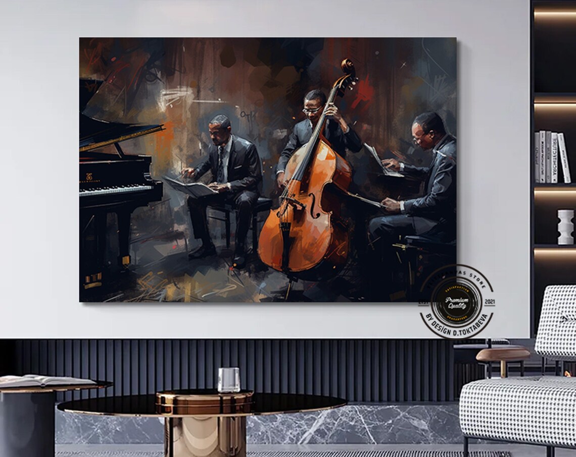 Jazz Piano and Bass Trio Night Club Music Art Poster for Contemporary Interiors