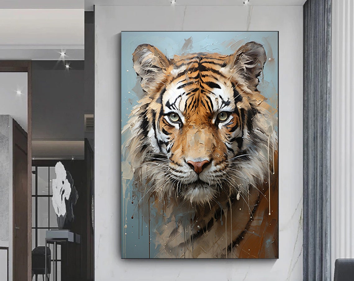 Bold Tiger Face Painted Portrait Soft Blue Background Art Poster