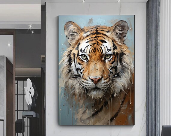 Bold Tiger Face Painted Portrait Soft Blue Background Art Poster