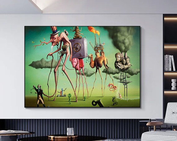 Surrealist Dream Scene Long Legged Figures Camel Green Sky Wall Art