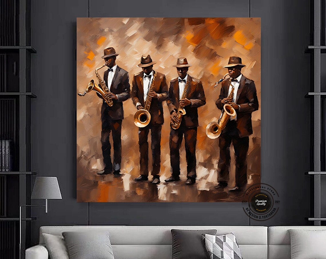 Four Saxophone Players Jazz Club Painting in Warm Sepia Tones Poster