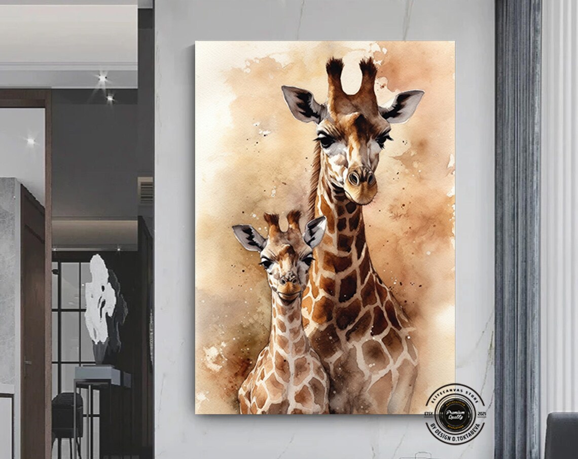 Giraffe Mother Baby Soft Watercolor Safari Wildlife Art Poster