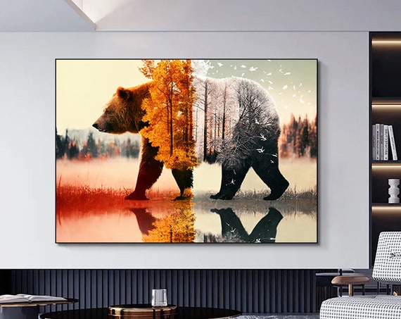 Bear Canvas Wall Art Tree Landscape Painting Brown Modern Home Decor Ready To Hang