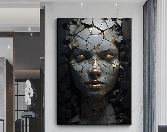 Broken Abstract Woman Portraitgolden Canvas Paintingwoman Wall Art