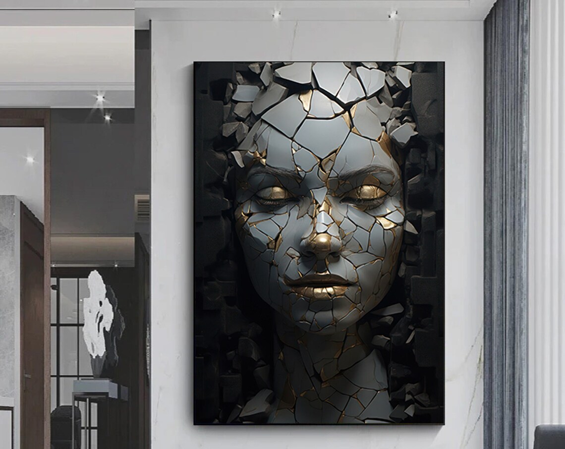 Broken Abstract Woman Portraitgolden Canvas Paintingwoman Wall Art