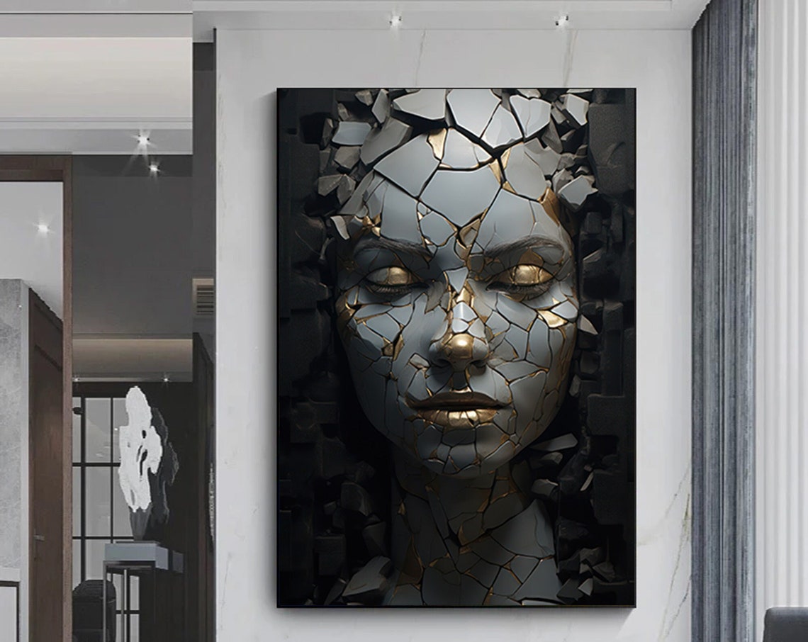 Cracked Porcelain Woman Face Gold Kintsugi Sculpture Art Poster
